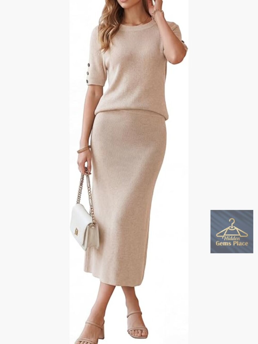 Wool Blend Sweater Set Short Sleeve Top Midi Skirt Business Casual Outfit